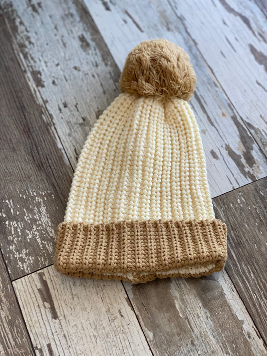 Chunky Cable w/ Cuff & Pom Beanie - Cream/Mocha