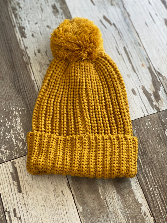 Chunky Cable w/ Cuff & Pom Beanie - Camel