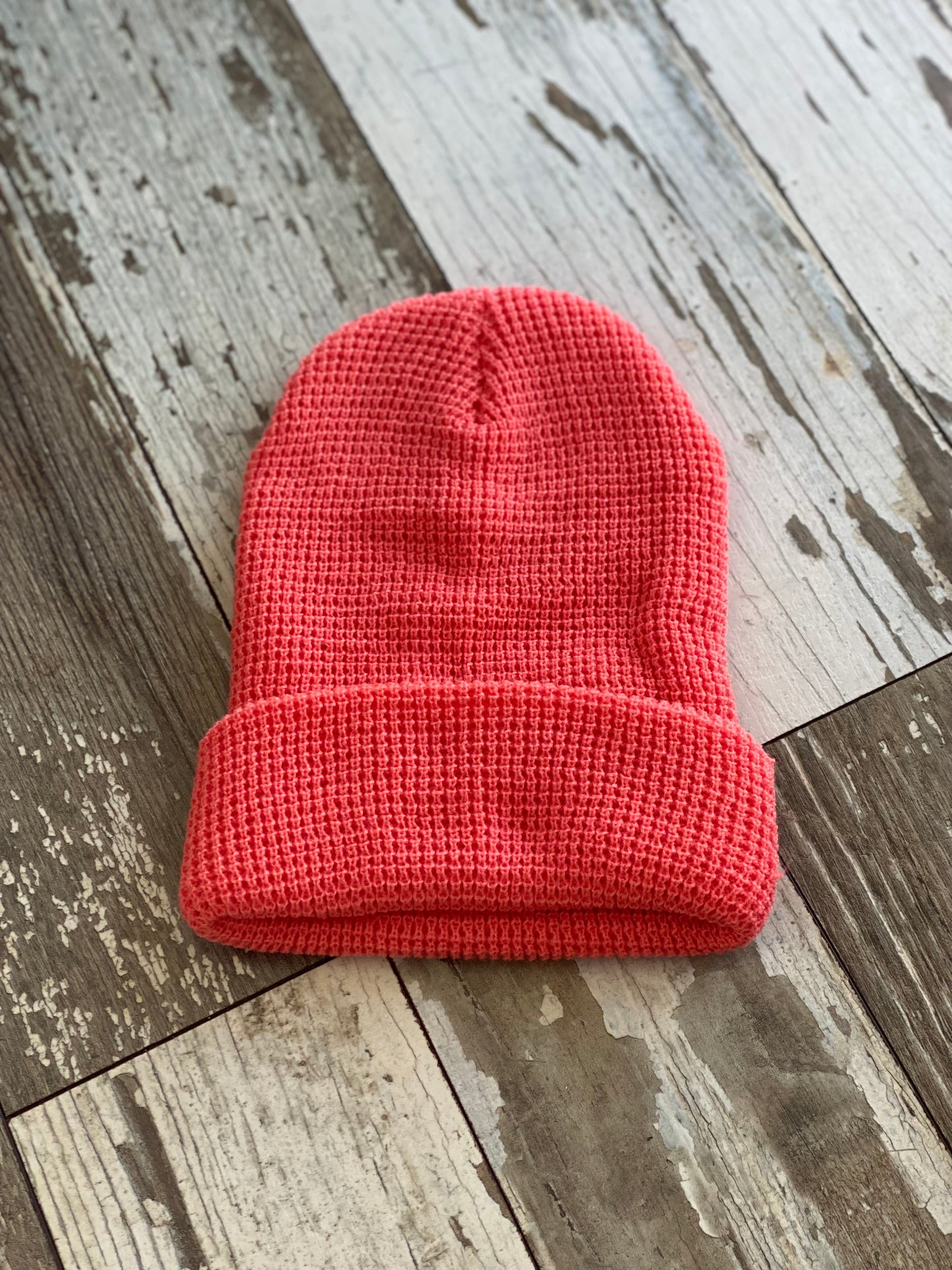 Waffle Cuffed Beanie - Coral